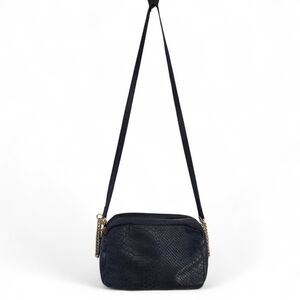 Dark Navy Genuine Leather Crossbody Bag – Python Texture Double-Zip